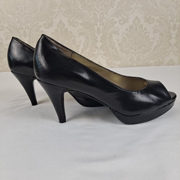 Bandolino Size 6M Mylah Black Leather Heels Peep Toe - Picture 4 of 14